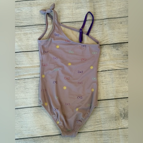 LANDS END girls One-Shoulder lilac Swimsuit with Bow Print/size 8S - Picture 3 of 6